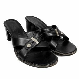 Vintage Chanel Black Leather Crossover Strap Mule Sandals Women EU 37.5 US 7/7.5